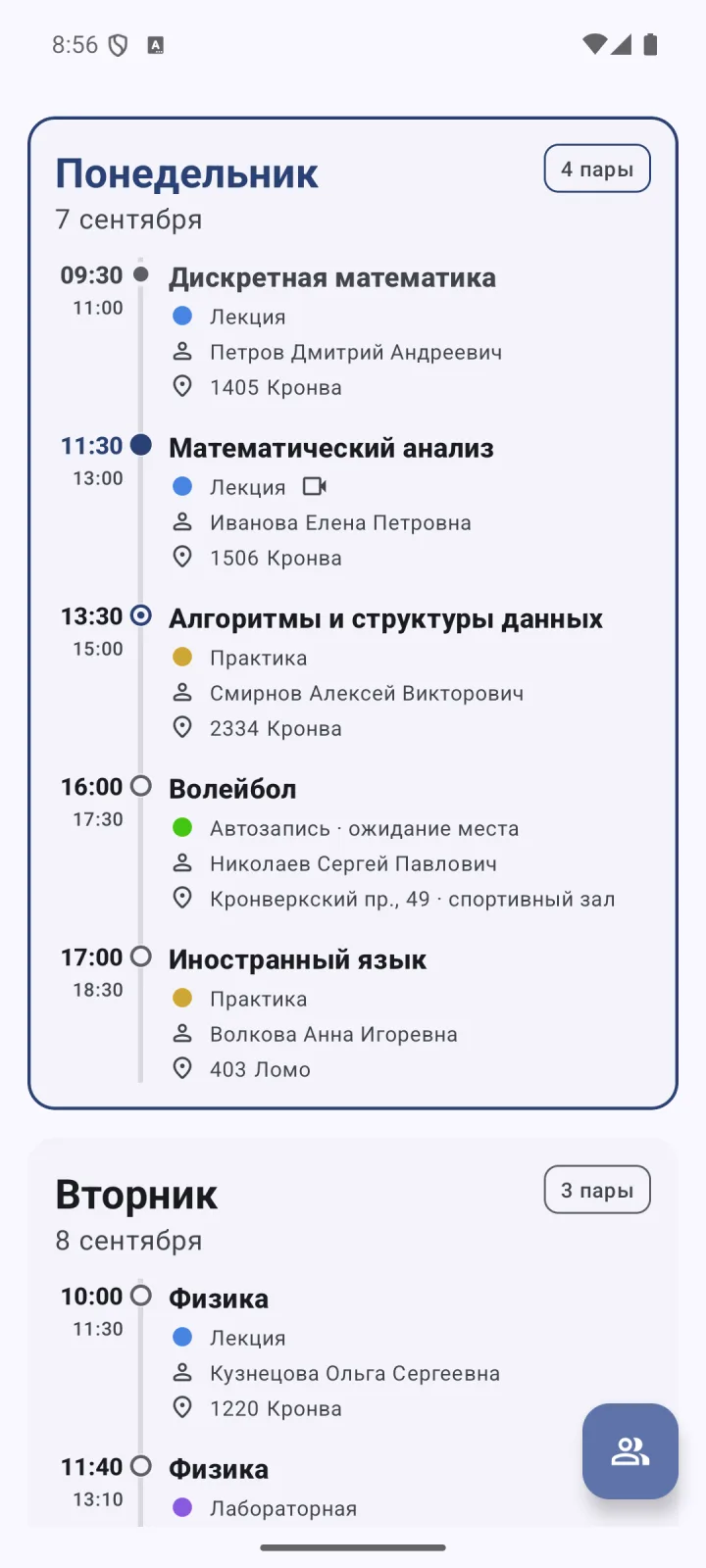 Расписание на день
