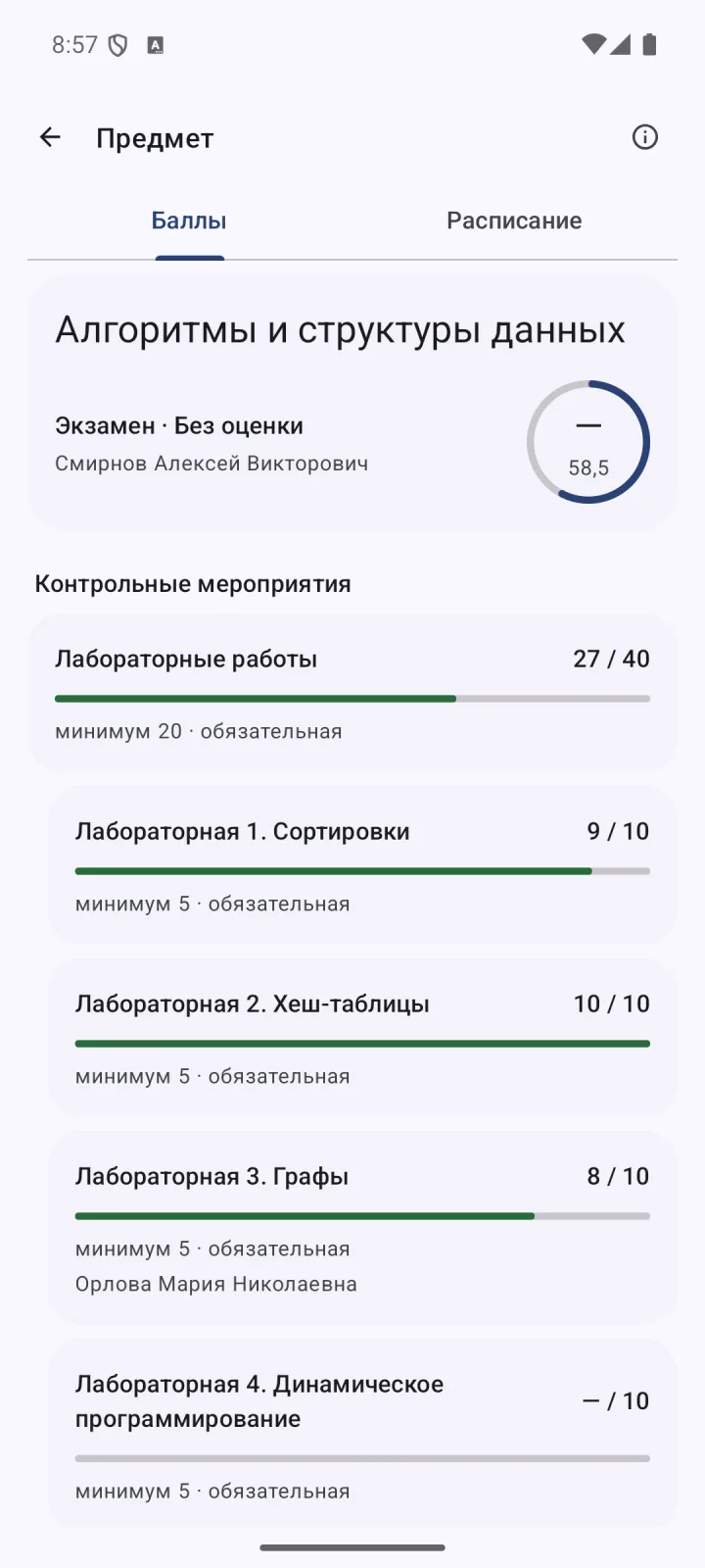 Контрольные точки предмета
